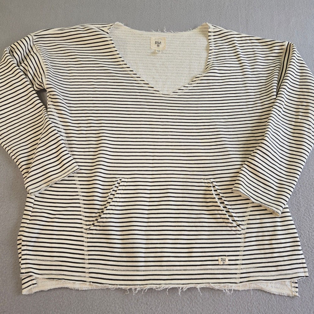 Billabong Pullover Top Womens Large White Black Striped V-Neck Raw Hem Surf